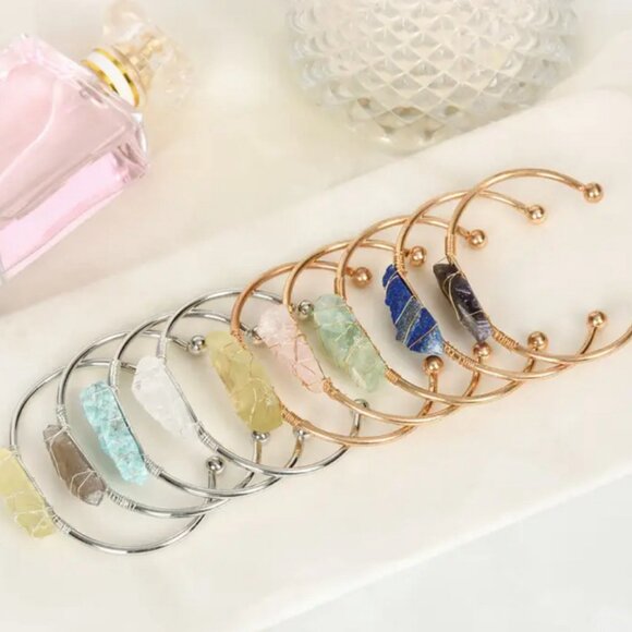 Wire Wrapped Natural Amazonite Gemstone Gold Tone Cuff Bangle - Bohemian Style - Picture 2 of 4